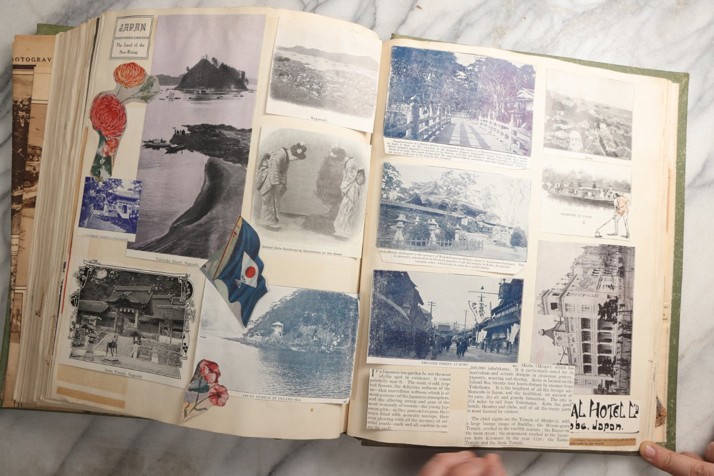 Lot 086 - Antique Green Scrapbook Album Around The World Travel Ephemera Including Japan, India, Ceylon, Hawaii, Egypt, Middle East, Pressed Flowers, Loose Ephemera, Circa 1909