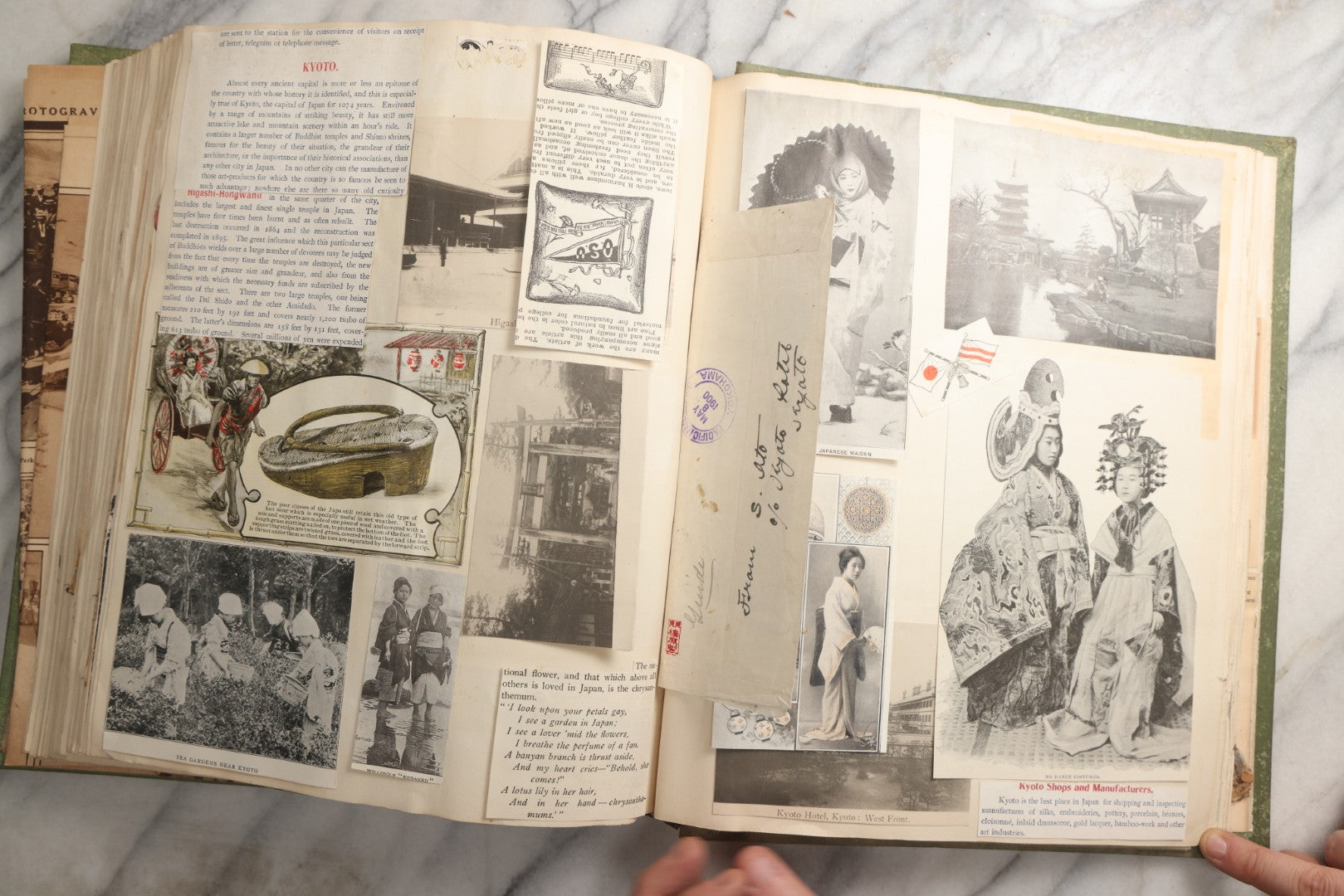 Lot 086 - Antique Green Scrapbook Album Around The World Travel Ephemera Including Japan, India, Ceylon, Hawaii, Egypt, Middle East, Pressed Flowers, Loose Ephemera, Circa 1909