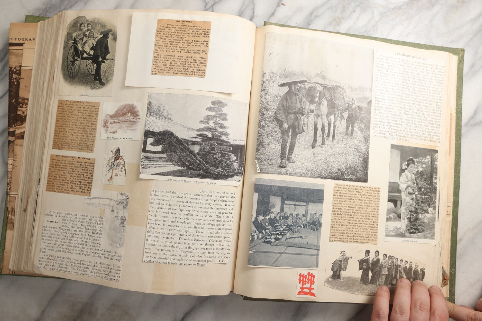 Lot 086 - Antique Green Scrapbook Album Around The World Travel Ephemera Including Japan, India, Ceylon, Hawaii, Egypt, Middle East, Pressed Flowers, Loose Ephemera, Circa 1909