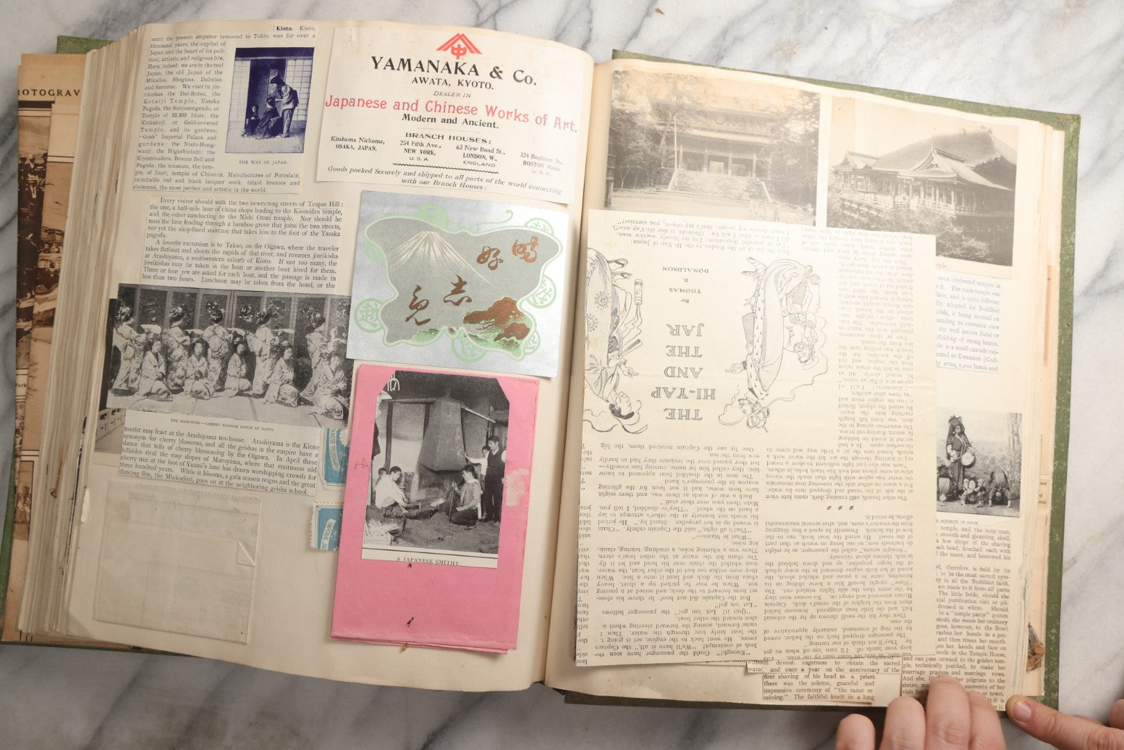 Lot 086 - Antique Green Scrapbook Album Around The World Travel Ephemera Including Japan, India, Ceylon, Hawaii, Egypt, Middle East, Pressed Flowers, Loose Ephemera, Circa 1909