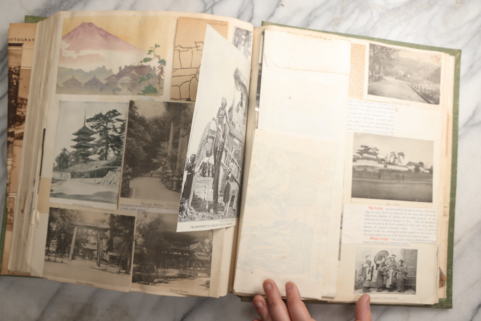 Lot 086 - Antique Green Scrapbook Album Around The World Travel Ephemera Including Japan, India, Ceylon, Hawaii, Egypt, Middle East, Pressed Flowers, Loose Ephemera, Circa 1909