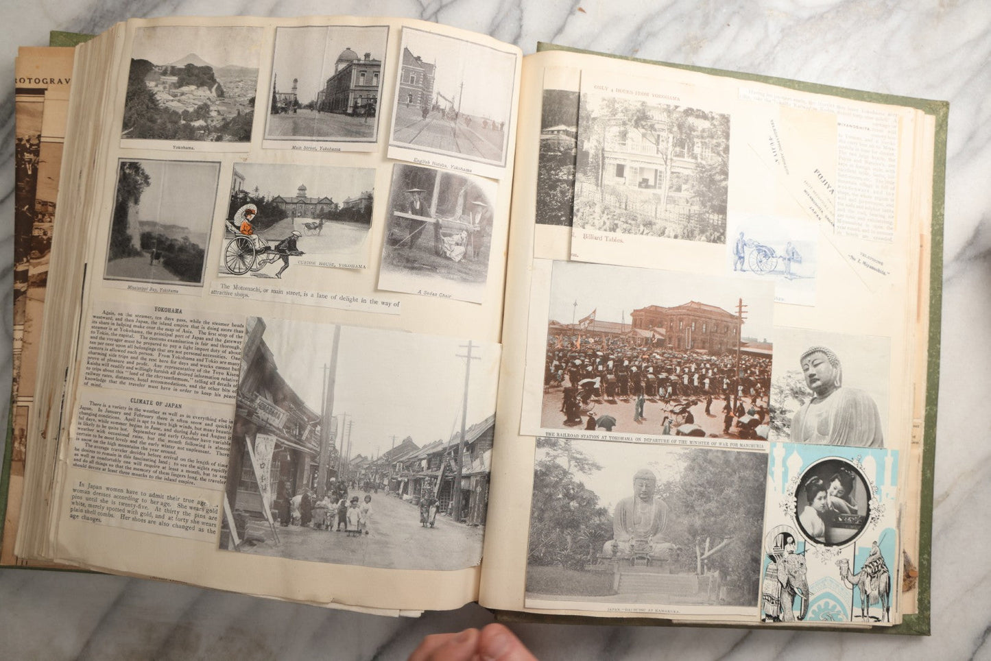 Lot 086 - Antique Green Scrapbook Album Around The World Travel Ephemera Including Japan, India, Ceylon, Hawaii, Egypt, Middle East, Pressed Flowers, Loose Ephemera, Circa 1909