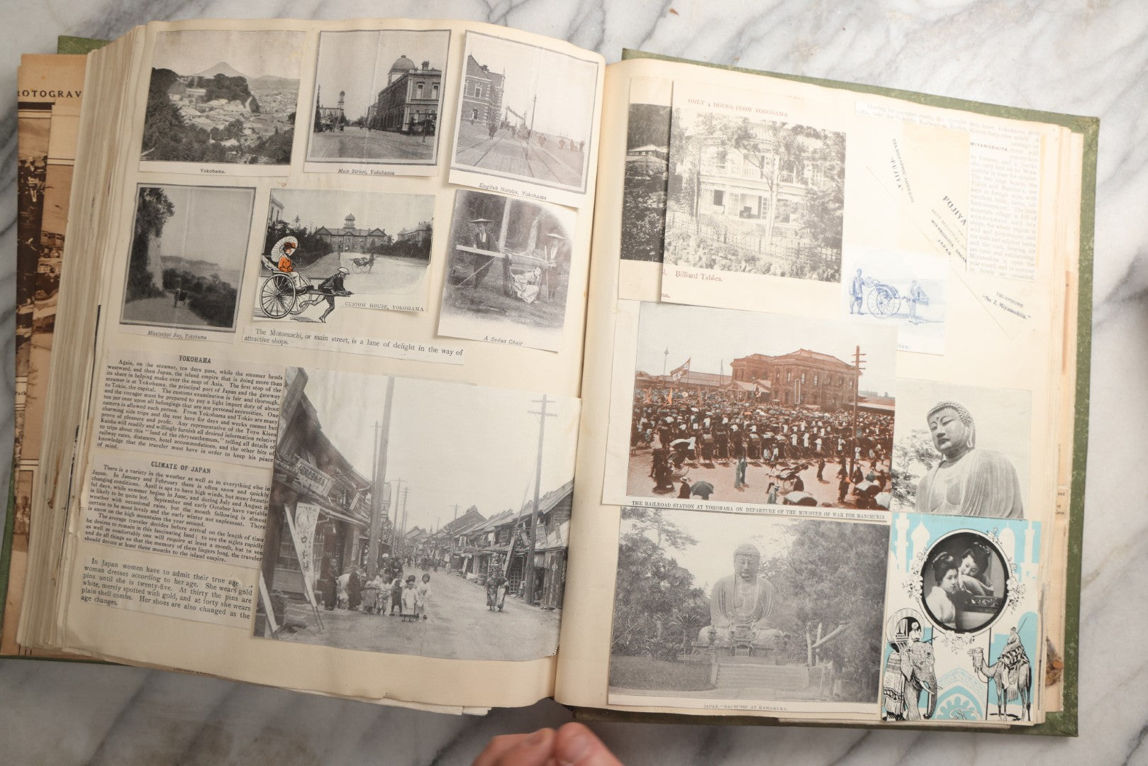 Lot 086 - Antique Green Scrapbook Album Around The World Travel Ephemera Including Japan, India, Ceylon, Hawaii, Egypt, Middle East, Pressed Flowers, Loose Ephemera, Circa 1909