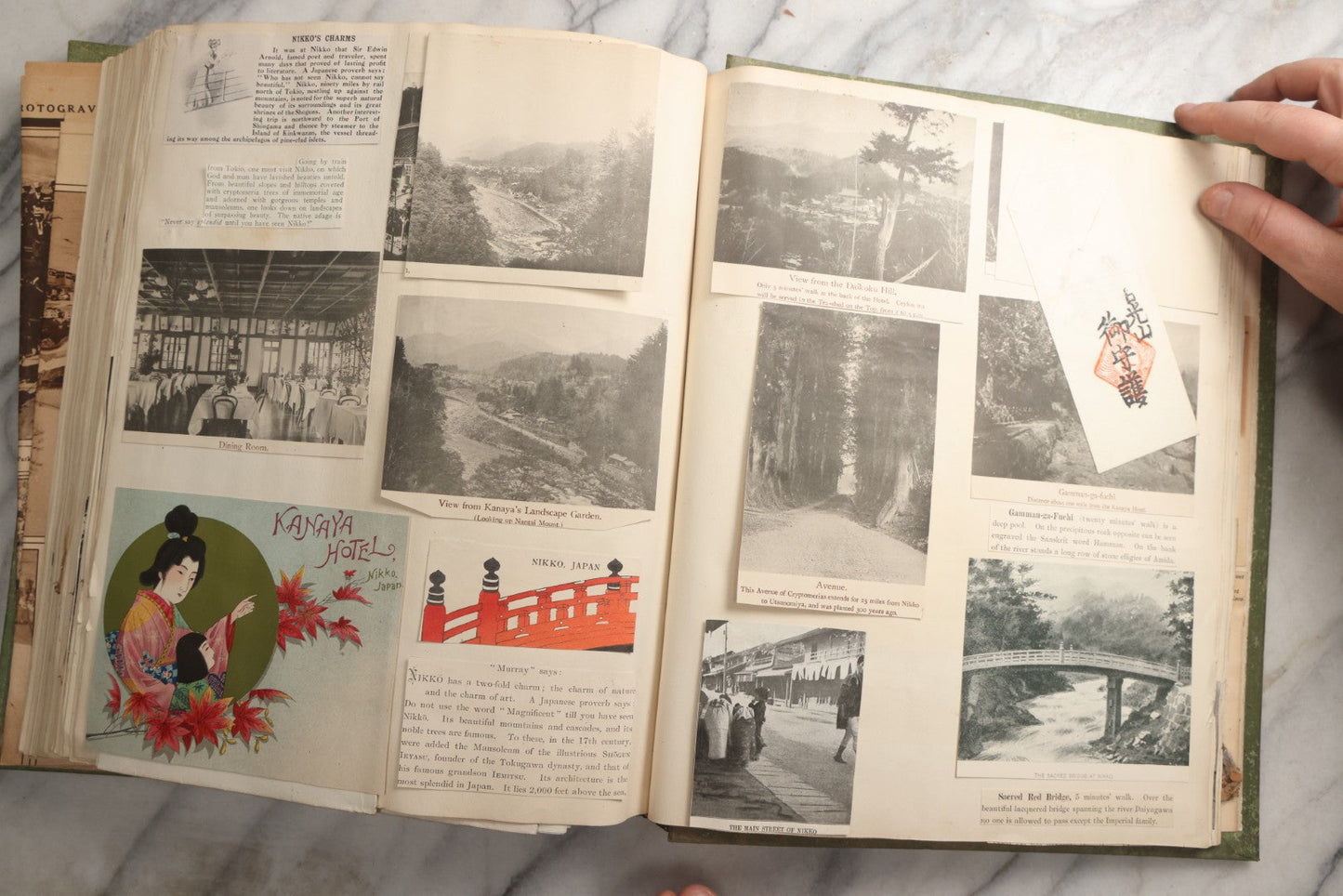 Lot 086 - Antique Green Scrapbook Album Around The World Travel Ephemera Including Japan, India, Ceylon, Hawaii, Egypt, Middle East, Pressed Flowers, Loose Ephemera, Circa 1909