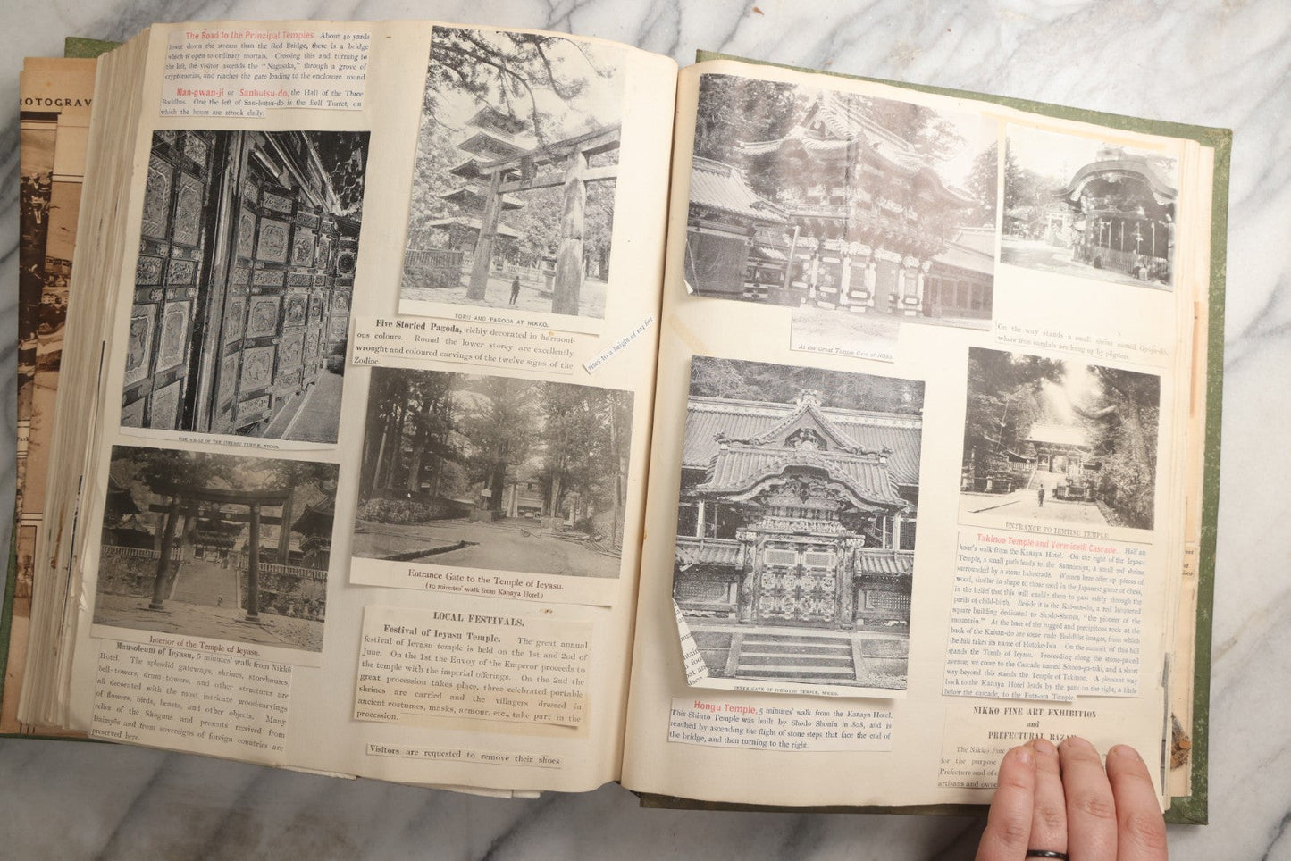 Lot 086 - Antique Green Scrapbook Album Around The World Travel Ephemera Including Japan, India, Ceylon, Hawaii, Egypt, Middle East, Pressed Flowers, Loose Ephemera, Circa 1909