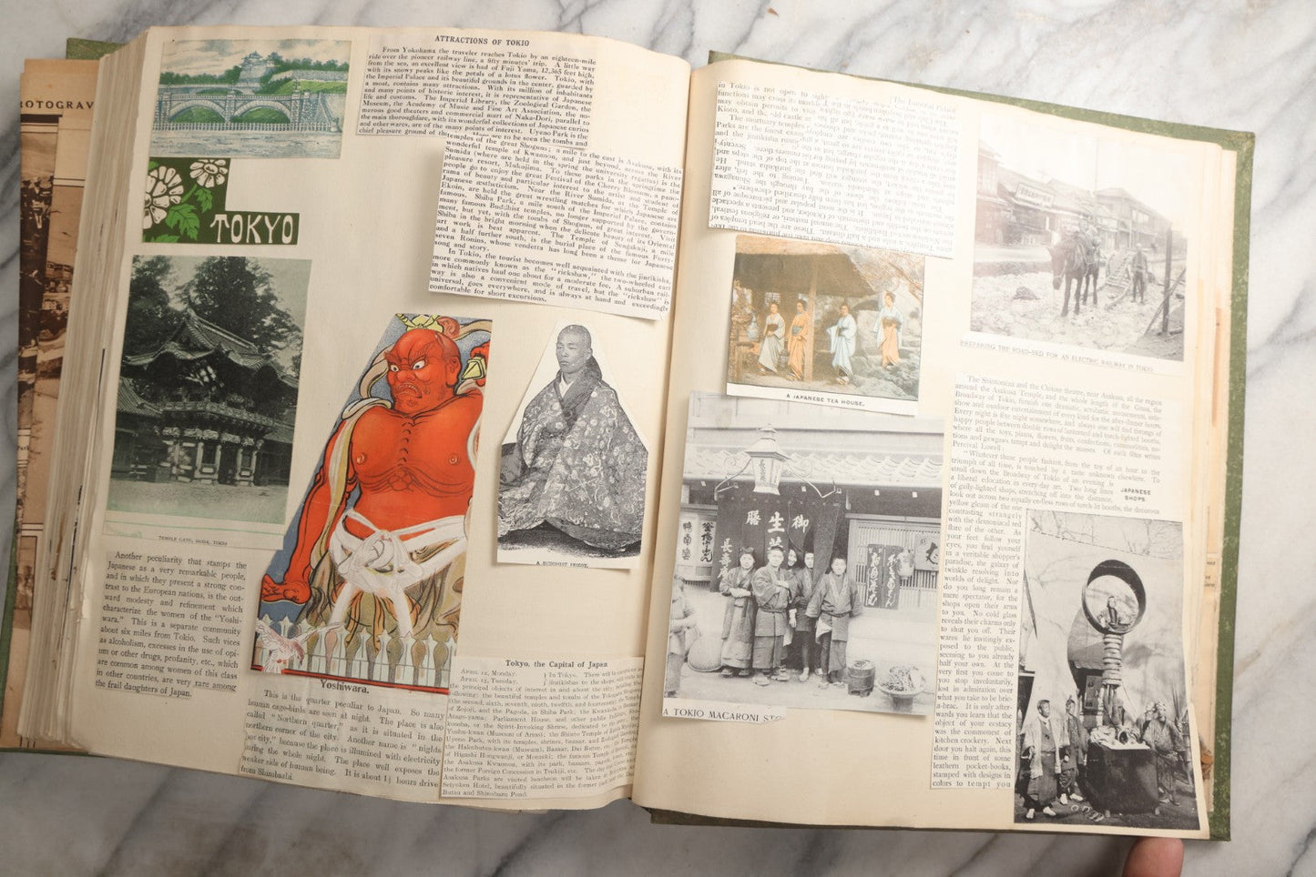 Lot 086 - Antique Green Scrapbook Album Around The World Travel Ephemera Including Japan, India, Ceylon, Hawaii, Egypt, Middle East, Pressed Flowers, Loose Ephemera, Circa 1909