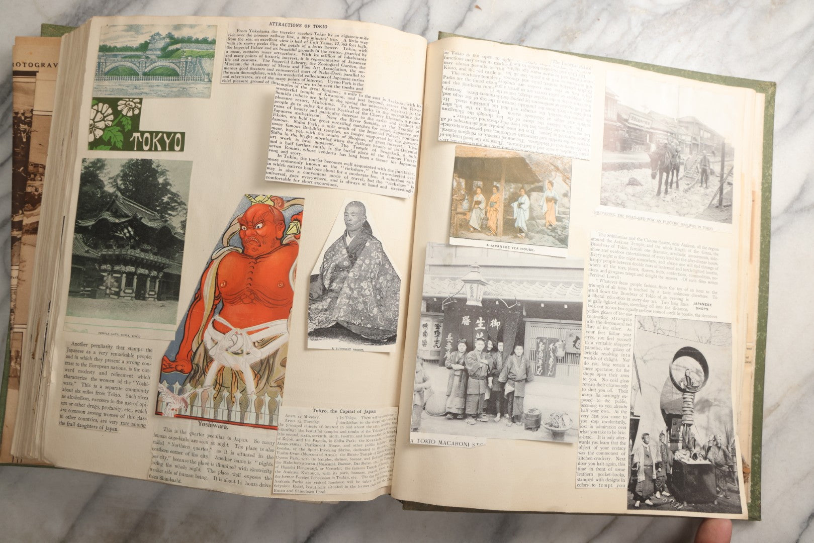 Lot 086 - Antique Green Scrapbook Album Around The World Travel Ephemera Including Japan, India, Ceylon, Hawaii, Egypt, Middle East, Pressed Flowers, Loose Ephemera, Circa 1909