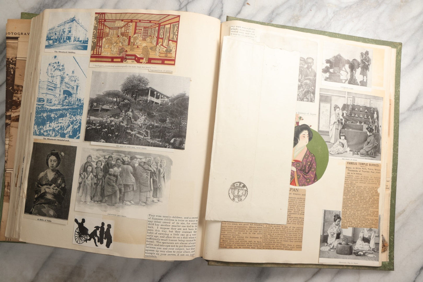 Lot 086 - Antique Green Scrapbook Album Around The World Travel Ephemera Including Japan, India, Ceylon, Hawaii, Egypt, Middle East, Pressed Flowers, Loose Ephemera, Circa 1909