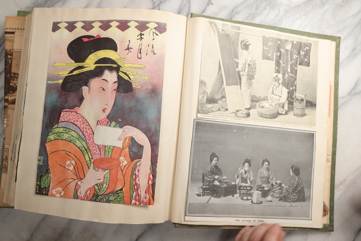 Lot 086 - Antique Green Scrapbook Album Around The World Travel Ephemera Including Japan, India, Ceylon, Hawaii, Egypt, Middle East, Pressed Flowers, Loose Ephemera, Circa 1909