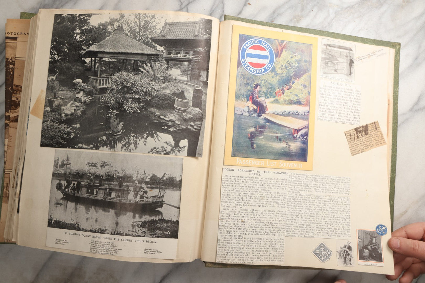 Lot 086 - Antique Green Scrapbook Album Around The World Travel Ephemera Including Japan, India, Ceylon, Hawaii, Egypt, Middle East, Pressed Flowers, Loose Ephemera, Circa 1909