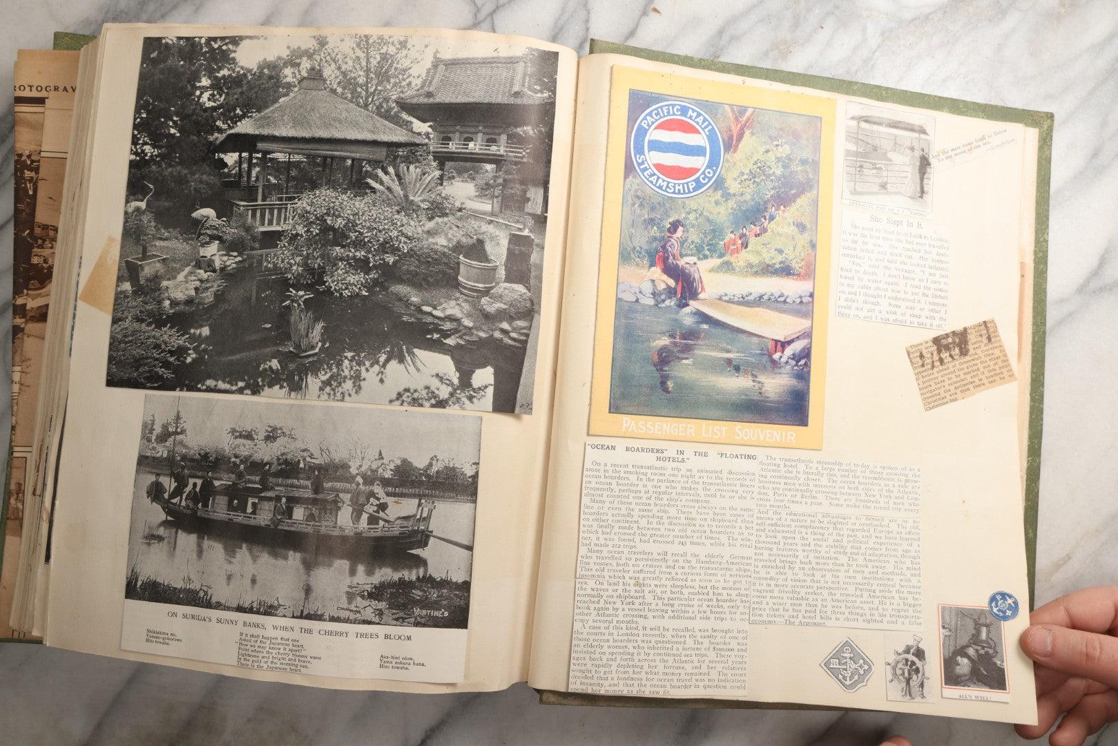 Lot 086 - Antique Green Scrapbook Album Around The World Travel Ephemera Including Japan, India, Ceylon, Hawaii, Egypt, Middle East, Pressed Flowers, Loose Ephemera, Circa 1909