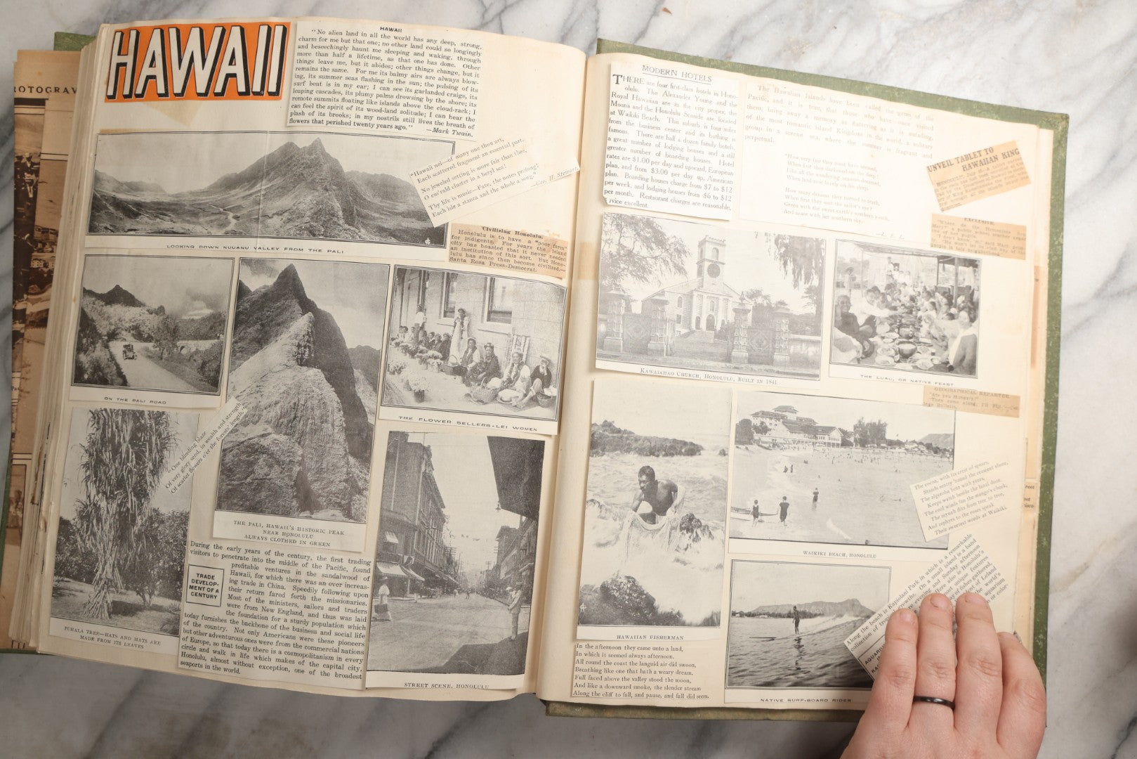 Lot 086 - Antique Green Scrapbook Album Around The World Travel Ephemera Including Japan, India, Ceylon, Hawaii, Egypt, Middle East, Pressed Flowers, Loose Ephemera, Circa 1909