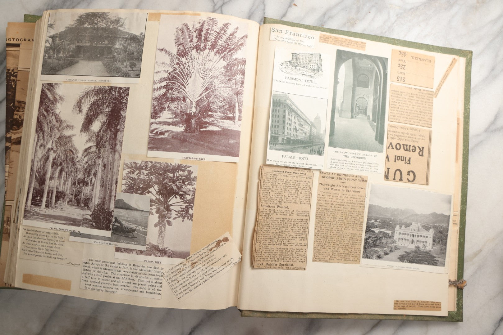 Lot 086 - Antique Green Scrapbook Album Around The World Travel Ephemera Including Japan, India, Ceylon, Hawaii, Egypt, Middle East, Pressed Flowers, Loose Ephemera, Circa 1909