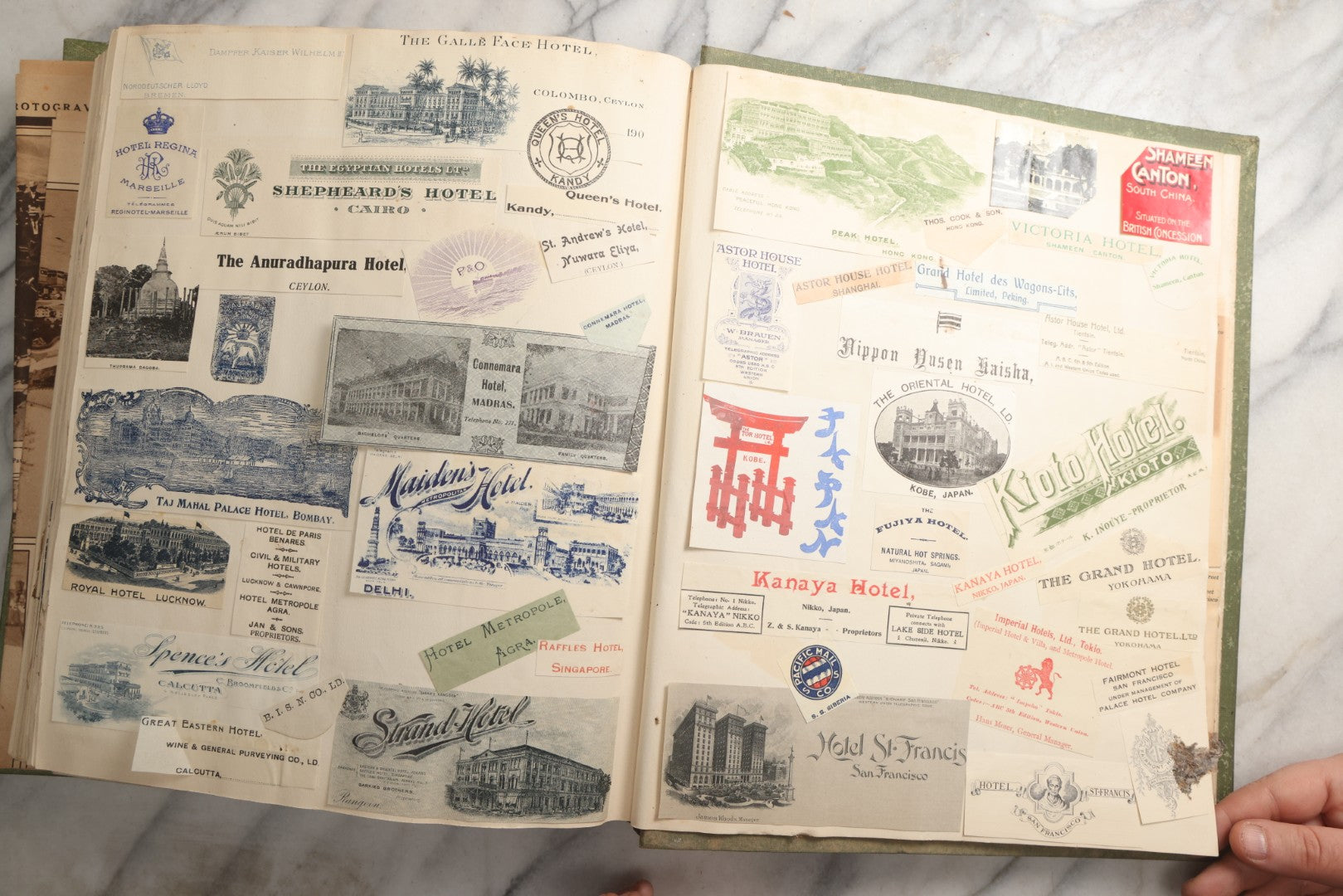 Lot 086 - Antique Green Scrapbook Album Around The World Travel Ephemera Including Japan, India, Ceylon, Hawaii, Egypt, Middle East, Pressed Flowers, Loose Ephemera, Circa 1909