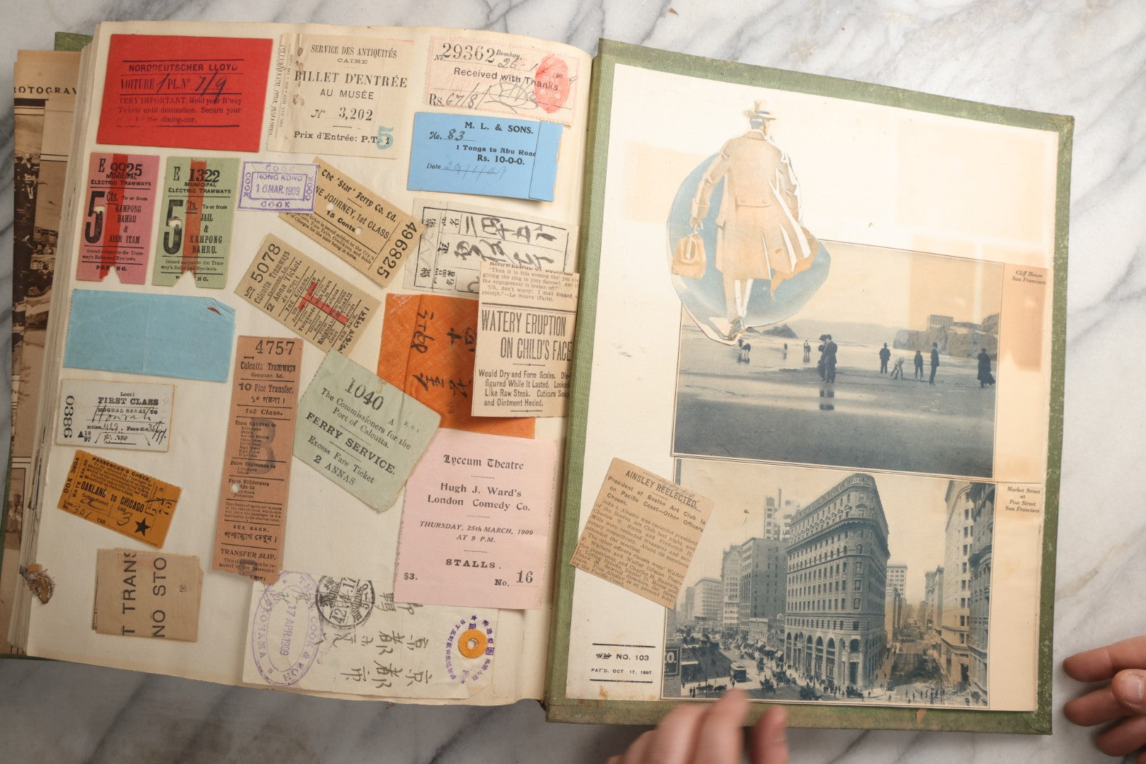 Lot 086 - Antique Green Scrapbook Album Around The World Travel Ephemera Including Japan, India, Ceylon, Hawaii, Egypt, Middle East, Pressed Flowers, Loose Ephemera, Circa 1909