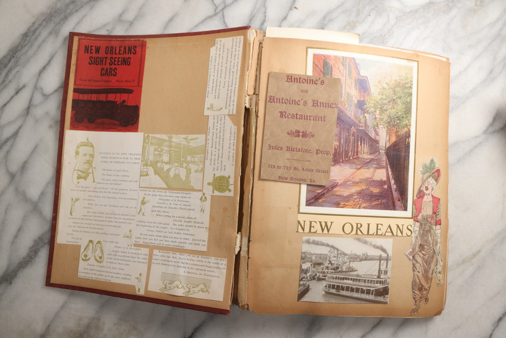 Lot 087 - Antique "The Nonpareil" Scrapbook Album With New Orleans, California, Arizona Ephemera, Pressed Flowers, 1914 Raja-Yoga Messenger Magazine, Patent March 1876, Heavy Water Staining, Warped Boards, Brittle Binding And Pages, Circa 1914