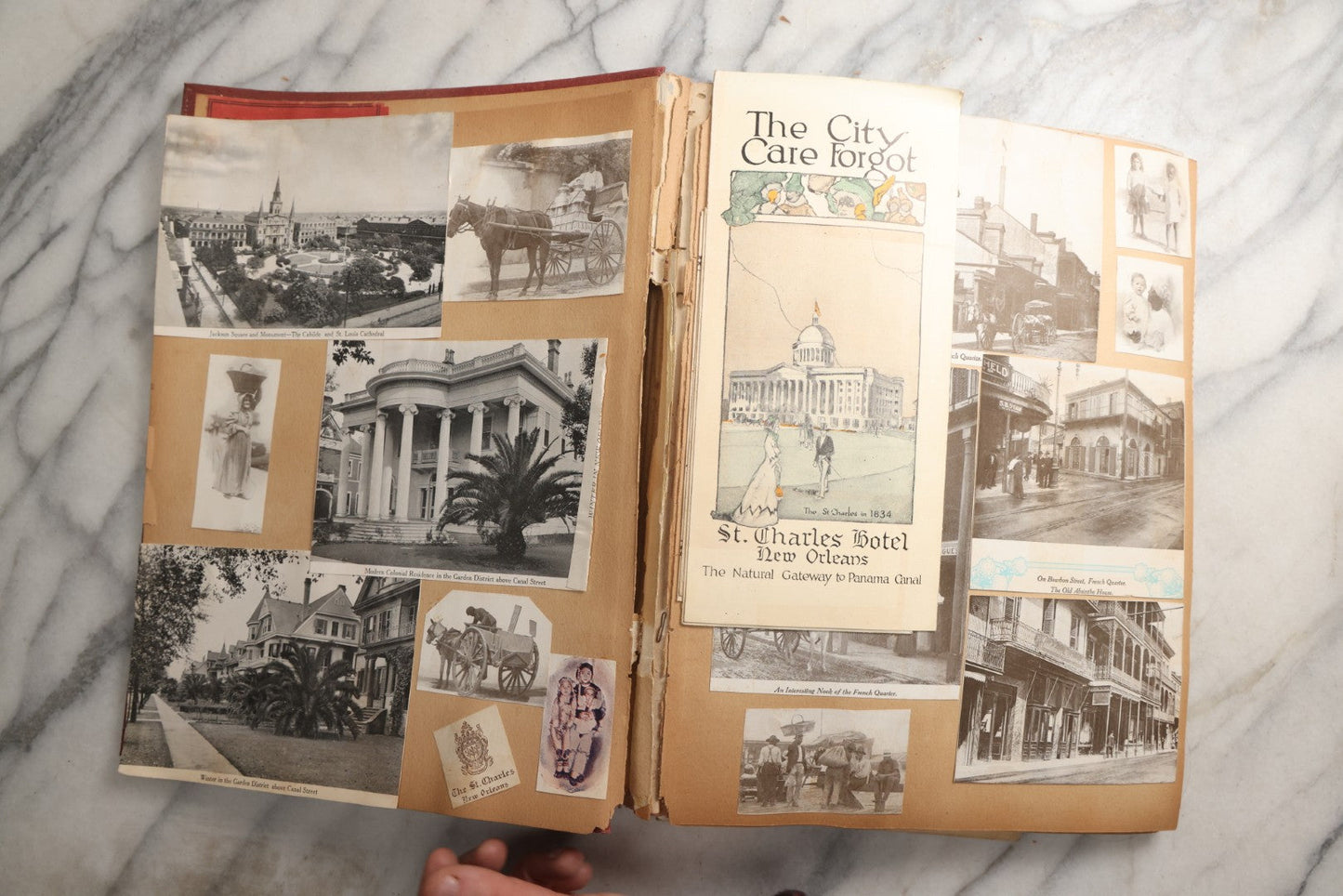 Lot 087 - Antique "The Nonpareil" Scrapbook Album With New Orleans, California, Arizona Ephemera, Pressed Flowers, 1914 Raja-Yoga Messenger Magazine, Patent March 1876, Heavy Water Staining, Warped Boards, Brittle Binding And Pages, Circa 1914