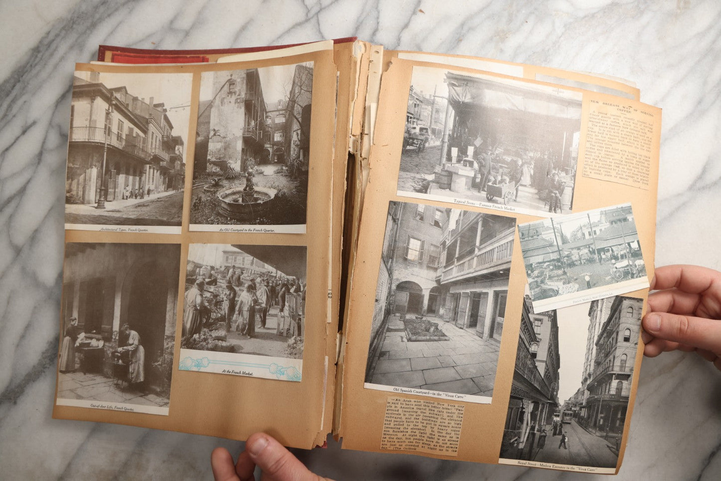 Lot 087 - Antique "The Nonpareil" Scrapbook Album With New Orleans, California, Arizona Ephemera, Pressed Flowers, 1914 Raja-Yoga Messenger Magazine, Patent March 1876, Heavy Water Staining, Warped Boards, Brittle Binding And Pages, Circa 1914