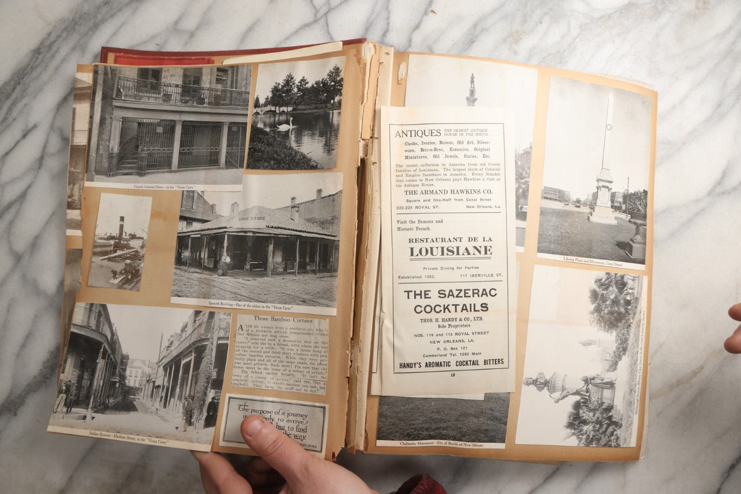 Lot 087 - Antique "The Nonpareil" Scrapbook Album With New Orleans, California, Arizona Ephemera, Pressed Flowers, 1914 Raja-Yoga Messenger Magazine, Patent March 1876, Heavy Water Staining, Warped Boards, Brittle Binding And Pages, Circa 1914