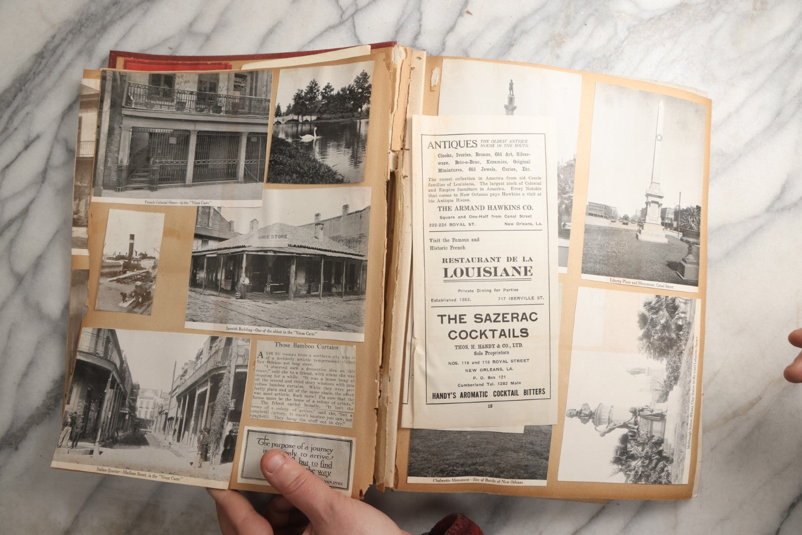 Lot 087 - Antique "The Nonpareil" Scrapbook Album With New Orleans, California, Arizona Ephemera, Pressed Flowers, 1914 Raja-Yoga Messenger Magazine, Patent March 1876, Heavy Water Staining, Warped Boards, Brittle Binding And Pages, Circa 1914