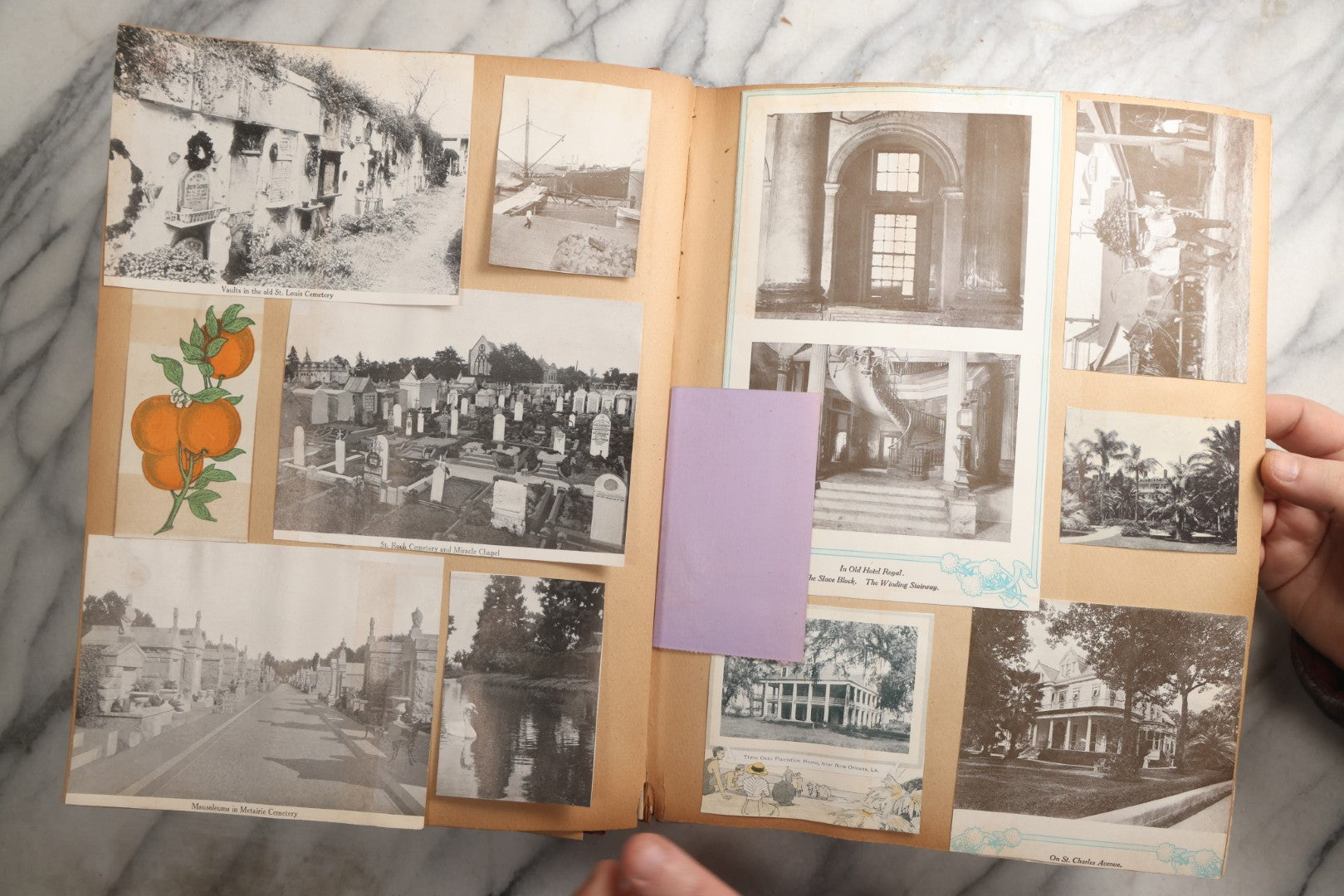 Lot 087 - Antique "The Nonpareil" Scrapbook Album With New Orleans, California, Arizona Ephemera, Pressed Flowers, 1914 Raja-Yoga Messenger Magazine, Patent March 1876, Heavy Water Staining, Warped Boards, Brittle Binding And Pages, Circa 1914