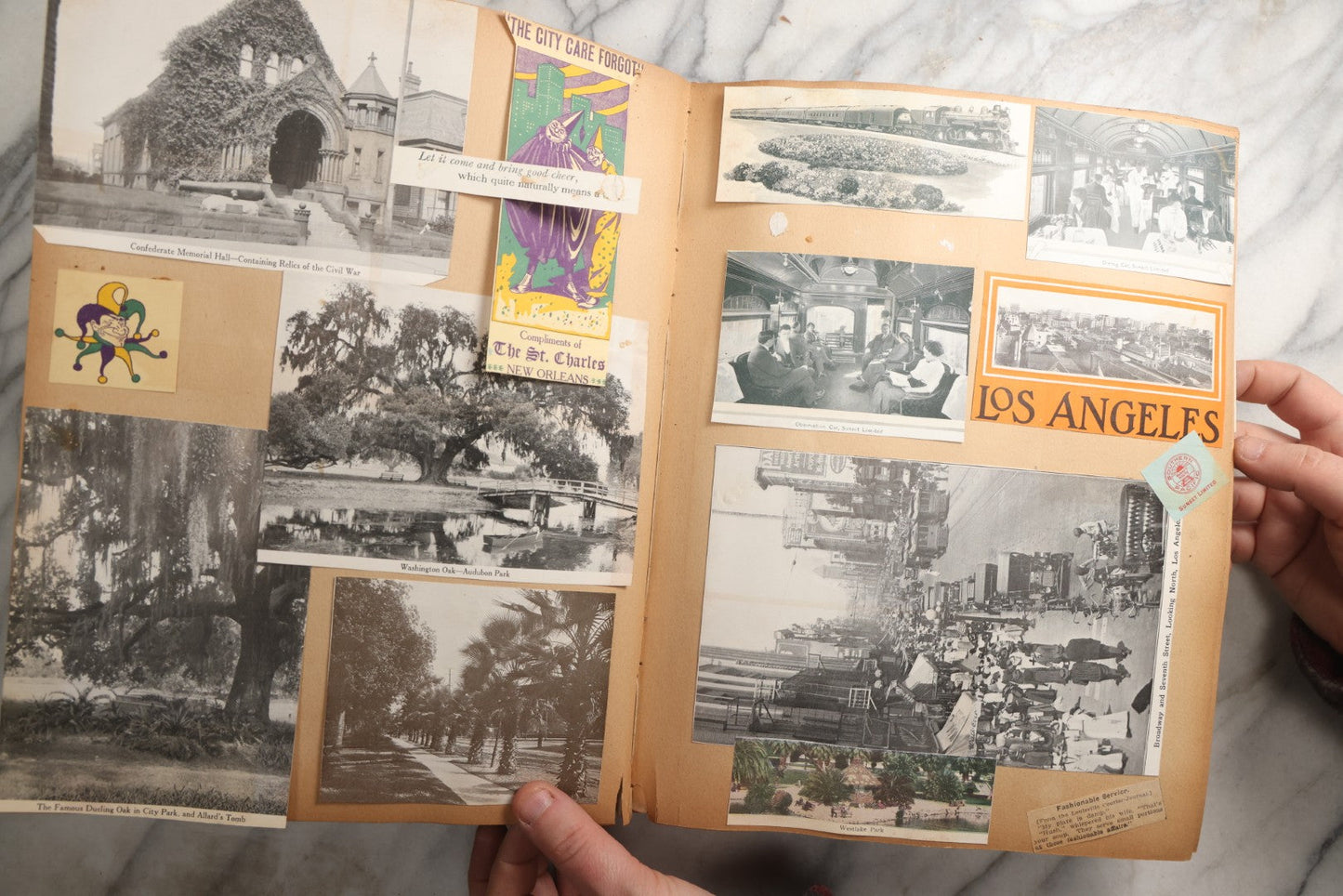 Lot 087 - Antique "The Nonpareil" Scrapbook Album With New Orleans, California, Arizona Ephemera, Pressed Flowers, 1914 Raja-Yoga Messenger Magazine, Patent March 1876, Heavy Water Staining, Warped Boards, Brittle Binding And Pages, Circa 1914