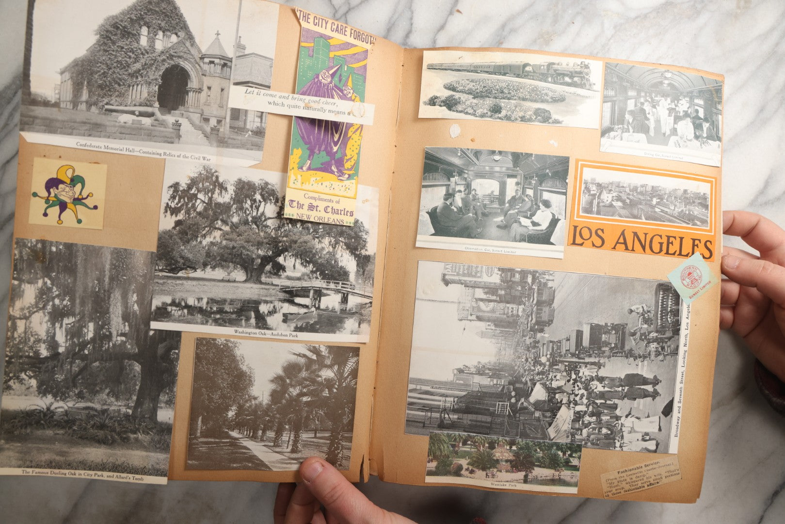 Lot 087 - Antique "The Nonpareil" Scrapbook Album With New Orleans, California, Arizona Ephemera, Pressed Flowers, 1914 Raja-Yoga Messenger Magazine, Patent March 1876, Heavy Water Staining, Warped Boards, Brittle Binding And Pages, Circa 1914