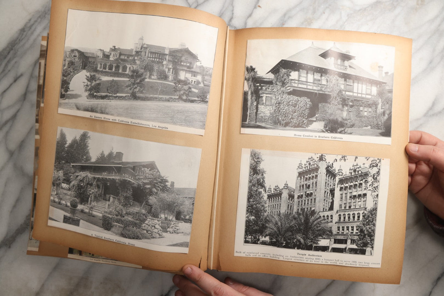 Lot 087 - Antique "The Nonpareil" Scrapbook Album With New Orleans, California, Arizona Ephemera, Pressed Flowers, 1914 Raja-Yoga Messenger Magazine, Patent March 1876, Heavy Water Staining, Warped Boards, Brittle Binding And Pages, Circa 1914