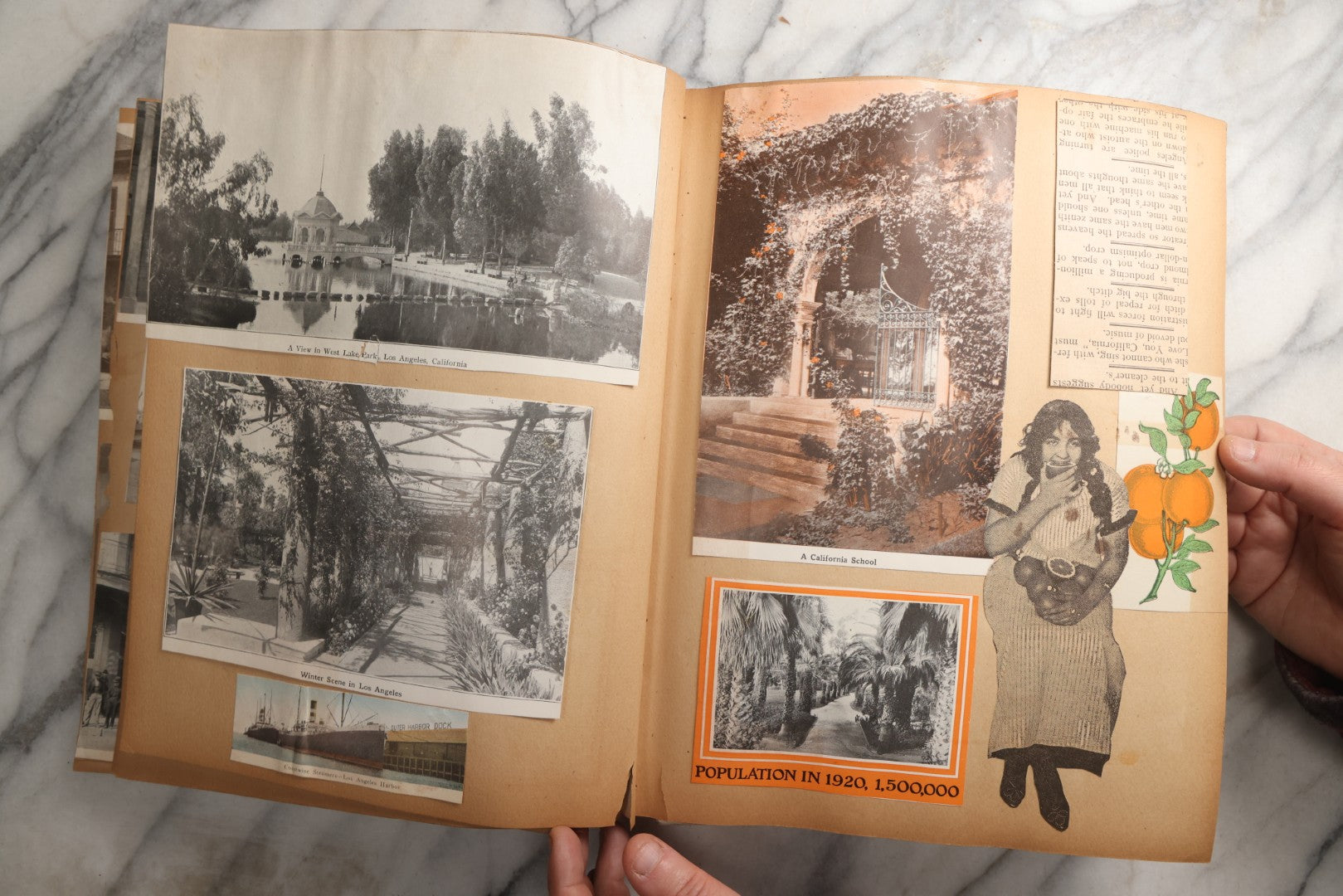 Lot 087 - Antique "The Nonpareil" Scrapbook Album With New Orleans, California, Arizona Ephemera, Pressed Flowers, 1914 Raja-Yoga Messenger Magazine, Patent March 1876, Heavy Water Staining, Warped Boards, Brittle Binding And Pages, Circa 1914