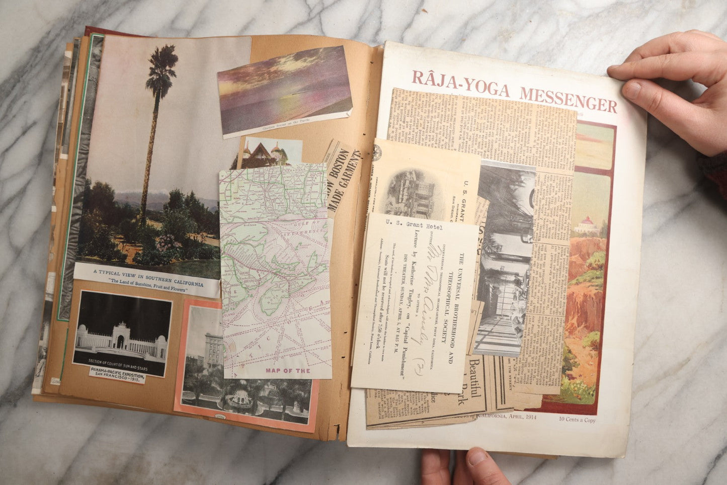 Lot 087 - Antique "The Nonpareil" Scrapbook Album With New Orleans, California, Arizona Ephemera, Pressed Flowers, 1914 Raja-Yoga Messenger Magazine, Patent March 1876, Heavy Water Staining, Warped Boards, Brittle Binding And Pages, Circa 1914