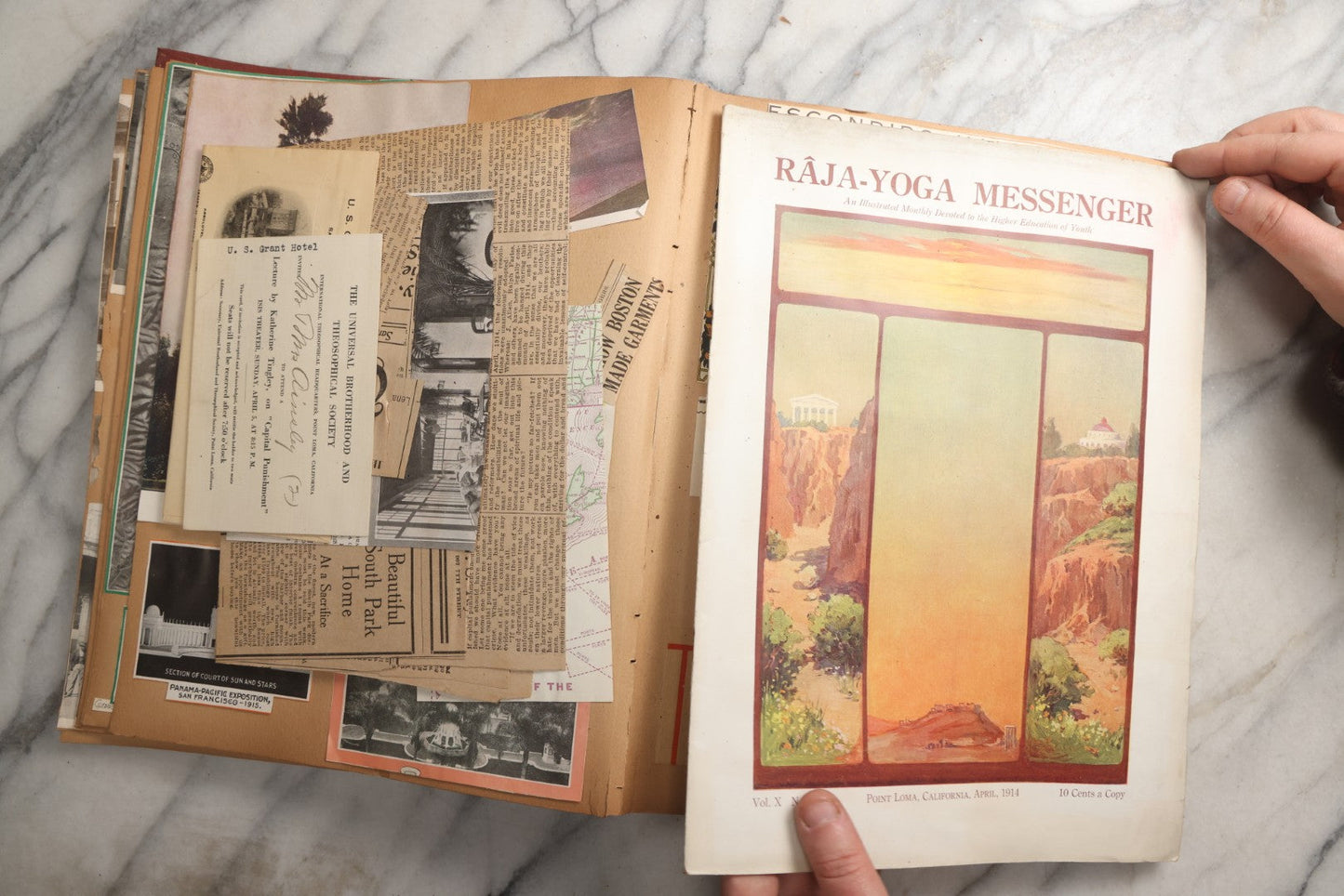 Lot 087 - Antique "The Nonpareil" Scrapbook Album With New Orleans, California, Arizona Ephemera, Pressed Flowers, 1914 Raja-Yoga Messenger Magazine, Patent March 1876, Heavy Water Staining, Warped Boards, Brittle Binding And Pages, Circa 1914