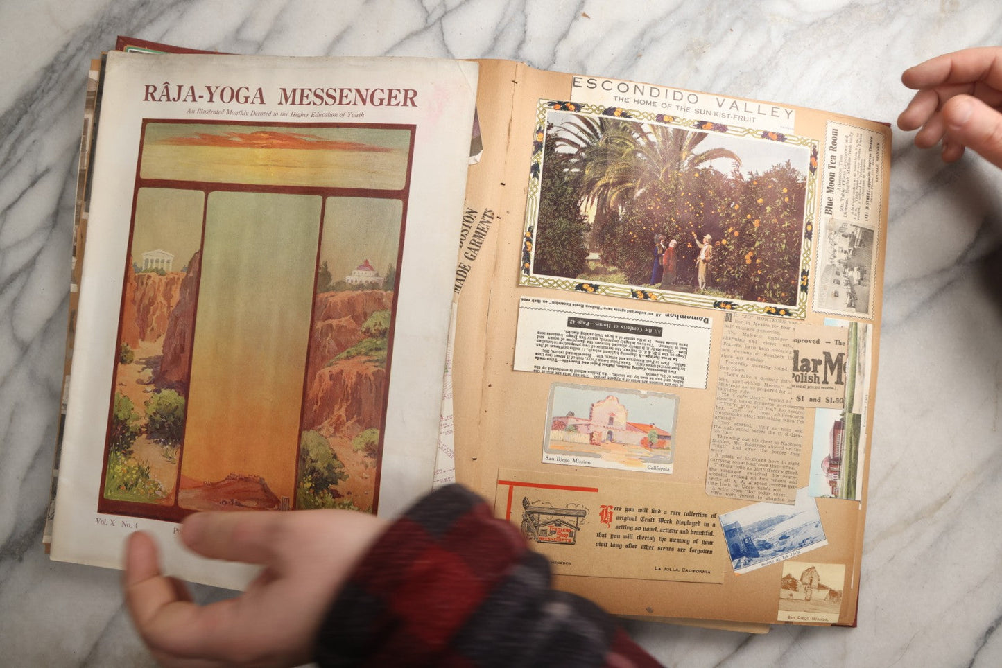 Lot 087 - Antique "The Nonpareil" Scrapbook Album With New Orleans, California, Arizona Ephemera, Pressed Flowers, 1914 Raja-Yoga Messenger Magazine, Patent March 1876, Heavy Water Staining, Warped Boards, Brittle Binding And Pages, Circa 1914