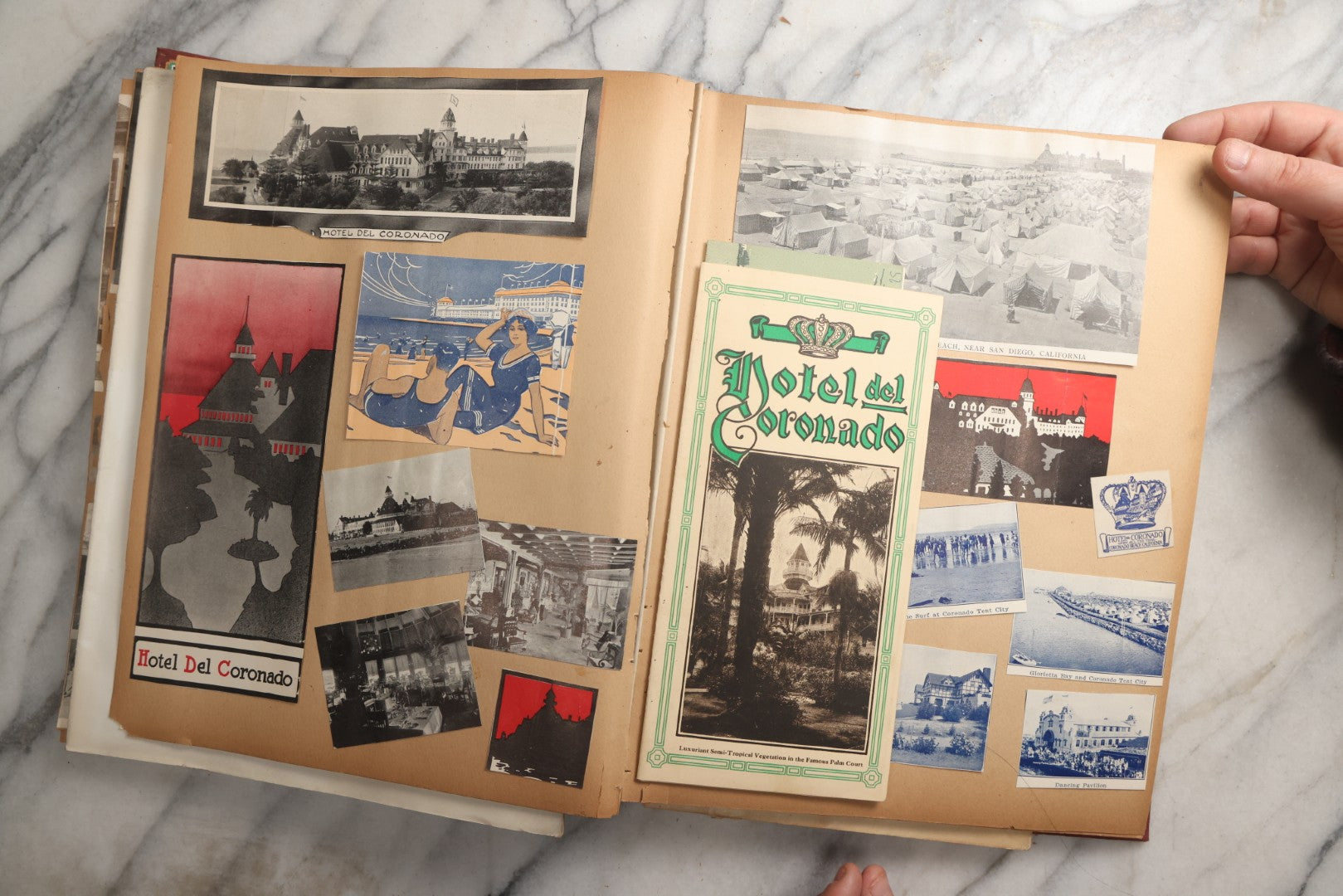 Lot 087 - Antique "The Nonpareil" Scrapbook Album With New Orleans, California, Arizona Ephemera, Pressed Flowers, 1914 Raja-Yoga Messenger Magazine, Patent March 1876, Heavy Water Staining, Warped Boards, Brittle Binding And Pages, Circa 1914