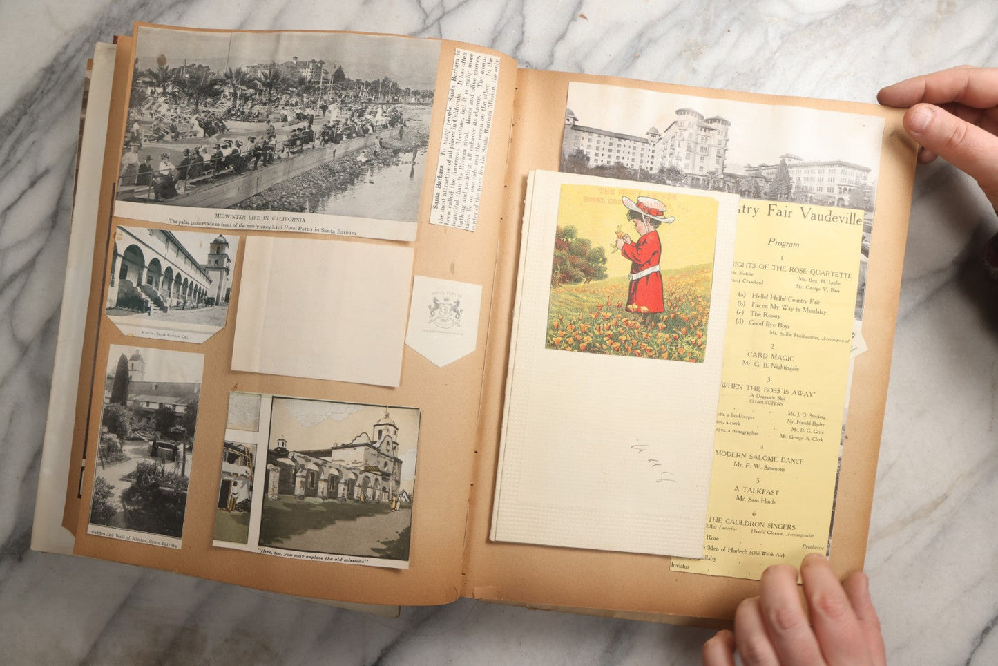 Lot 087 - Antique "The Nonpareil" Scrapbook Album With New Orleans, California, Arizona Ephemera, Pressed Flowers, 1914 Raja-Yoga Messenger Magazine, Patent March 1876, Heavy Water Staining, Warped Boards, Brittle Binding And Pages, Circa 1914