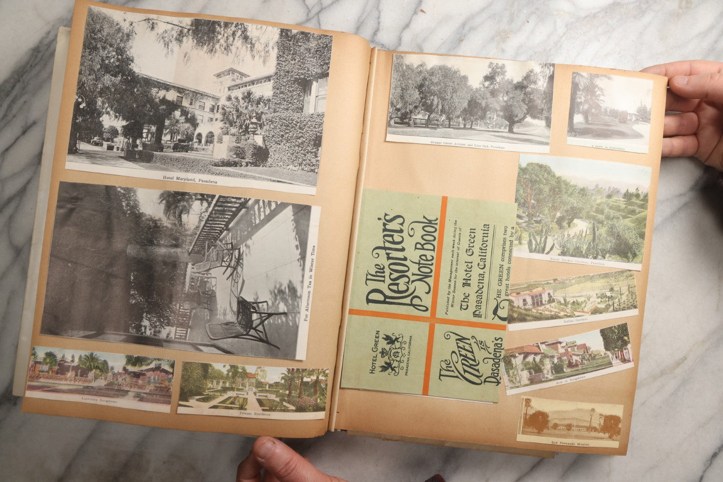 Lot 087 - Antique "The Nonpareil" Scrapbook Album With New Orleans, California, Arizona Ephemera, Pressed Flowers, 1914 Raja-Yoga Messenger Magazine, Patent March 1876, Heavy Water Staining, Warped Boards, Brittle Binding And Pages, Circa 1914