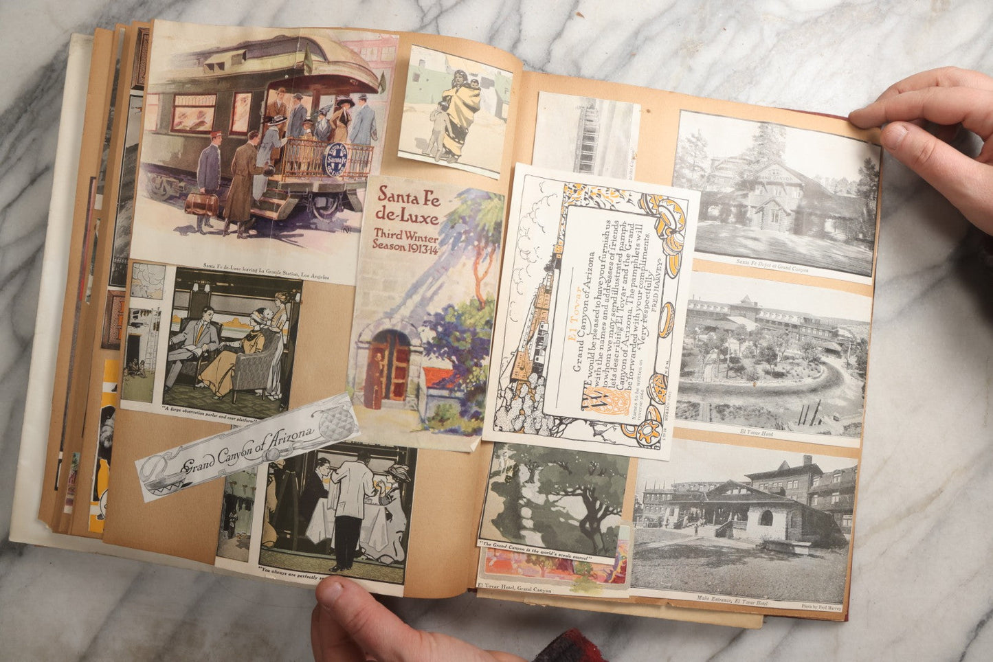 Lot 087 - Antique "The Nonpareil" Scrapbook Album With New Orleans, California, Arizona Ephemera, Pressed Flowers, 1914 Raja-Yoga Messenger Magazine, Patent March 1876, Heavy Water Staining, Warped Boards, Brittle Binding And Pages, Circa 1914