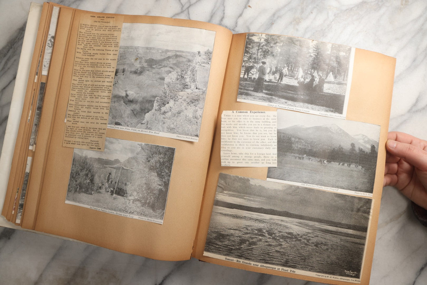 Lot 087 - Antique "The Nonpareil" Scrapbook Album With New Orleans, California, Arizona Ephemera, Pressed Flowers, 1914 Raja-Yoga Messenger Magazine, Patent March 1876, Heavy Water Staining, Warped Boards, Brittle Binding And Pages, Circa 1914