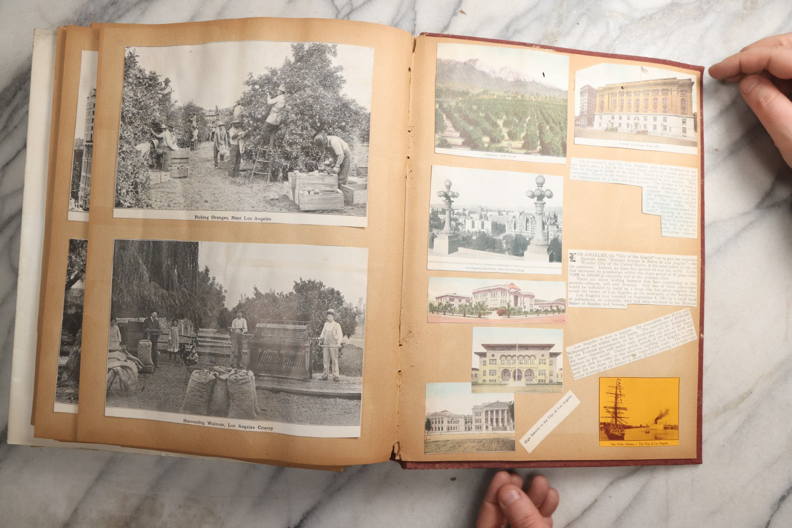 Lot 087 - Antique "The Nonpareil" Scrapbook Album With New Orleans, California, Arizona Ephemera, Pressed Flowers, 1914 Raja-Yoga Messenger Magazine, Patent March 1876, Heavy Water Staining, Warped Boards, Brittle Binding And Pages, Circa 1914