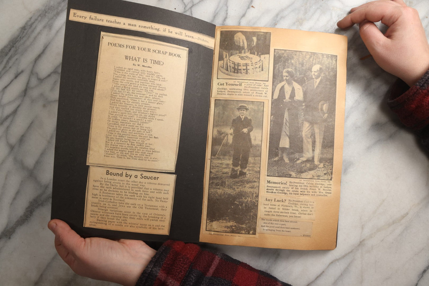 Lot 088 - Vintage Paperboard Scrapbook Album With Embossed Windmill Design, Politicians, Royalty, Popular Science, Events, And Lindbergh Family Newspaper Clippings, Circa 1930s