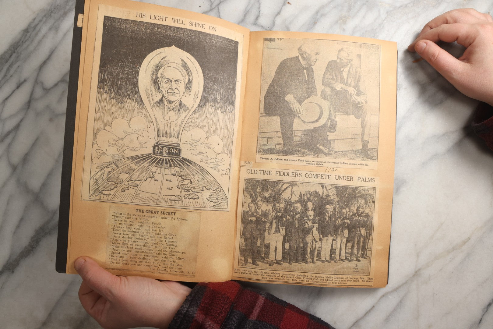 Lot 088 - Vintage Paperboard Scrapbook Album With Embossed Windmill Design, Politicians, Royalty, Popular Science, Events, And Lindbergh Family Newspaper Clippings, Circa 1930s