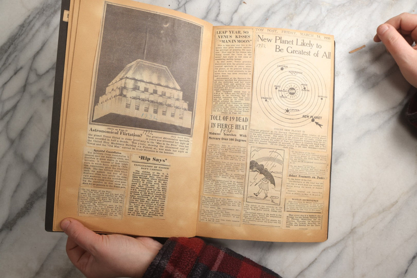 Lot 088 - Vintage Paperboard Scrapbook Album With Embossed Windmill Design, Politicians, Royalty, Popular Science, Events, And Lindbergh Family Newspaper Clippings, Circa 1930s