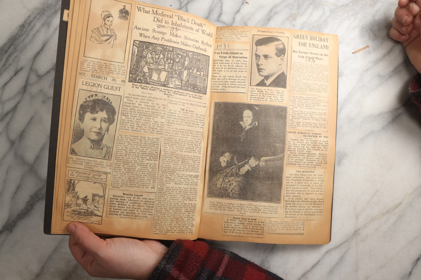 Lot 088 - Vintage Paperboard Scrapbook Album With Embossed Windmill Design, Politicians, Royalty, Popular Science, Events, And Lindbergh Family Newspaper Clippings, Circa 1930s