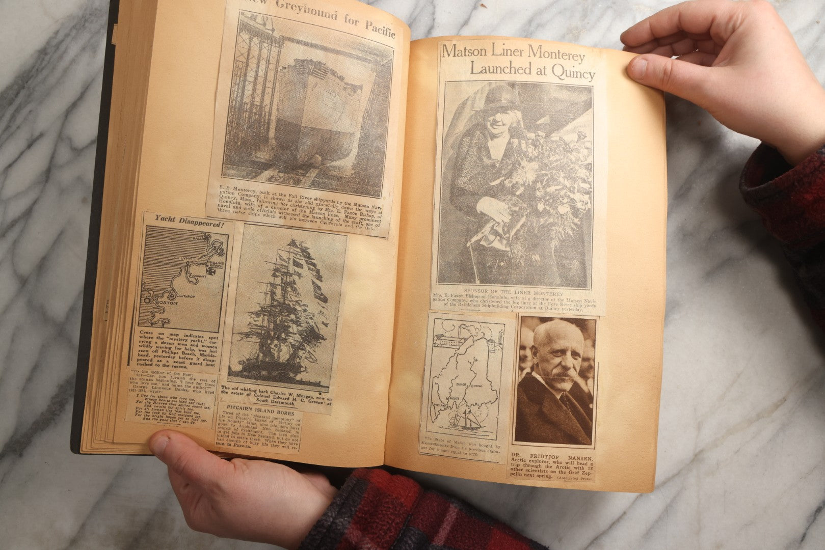 Lot 088 - Vintage Paperboard Scrapbook Album With Embossed Windmill Design, Politicians, Royalty, Popular Science, Events, And Lindbergh Family Newspaper Clippings, Circa 1930s