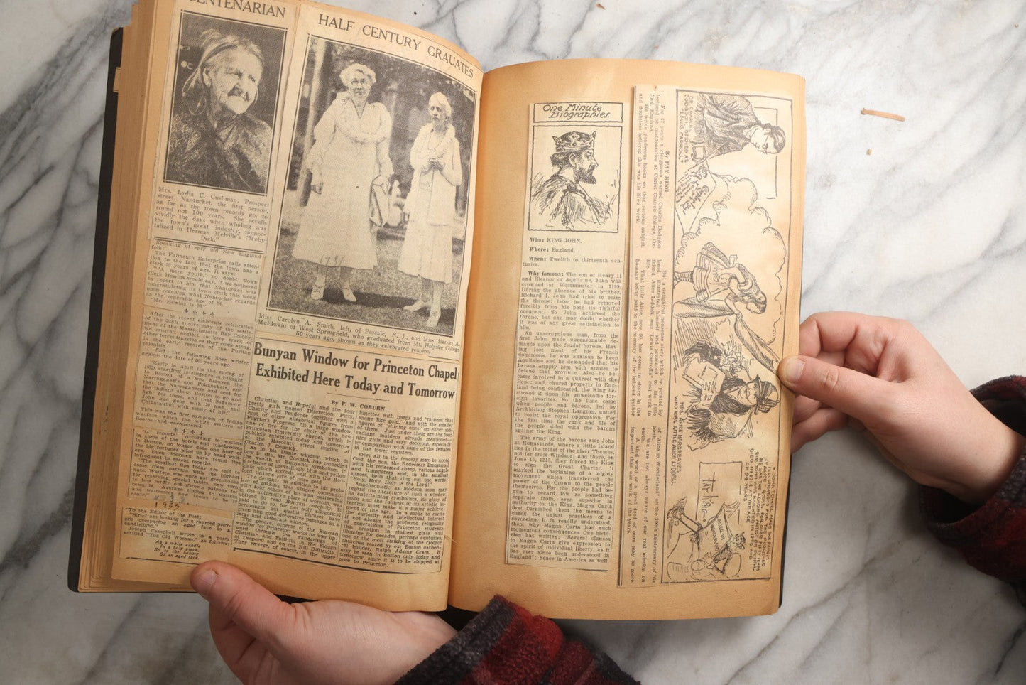 Lot 088 - Vintage Paperboard Scrapbook Album With Embossed Windmill Design, Politicians, Royalty, Popular Science, Events, And Lindbergh Family Newspaper Clippings, Circa 1930s