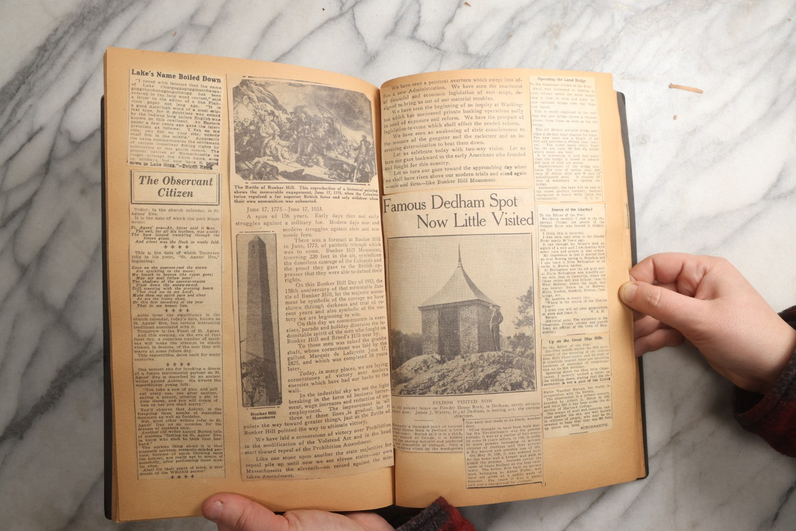 Lot 088 - Vintage Paperboard Scrapbook Album With Embossed Windmill Design, Politicians, Royalty, Popular Science, Events, And Lindbergh Family Newspaper Clippings, Circa 1930s