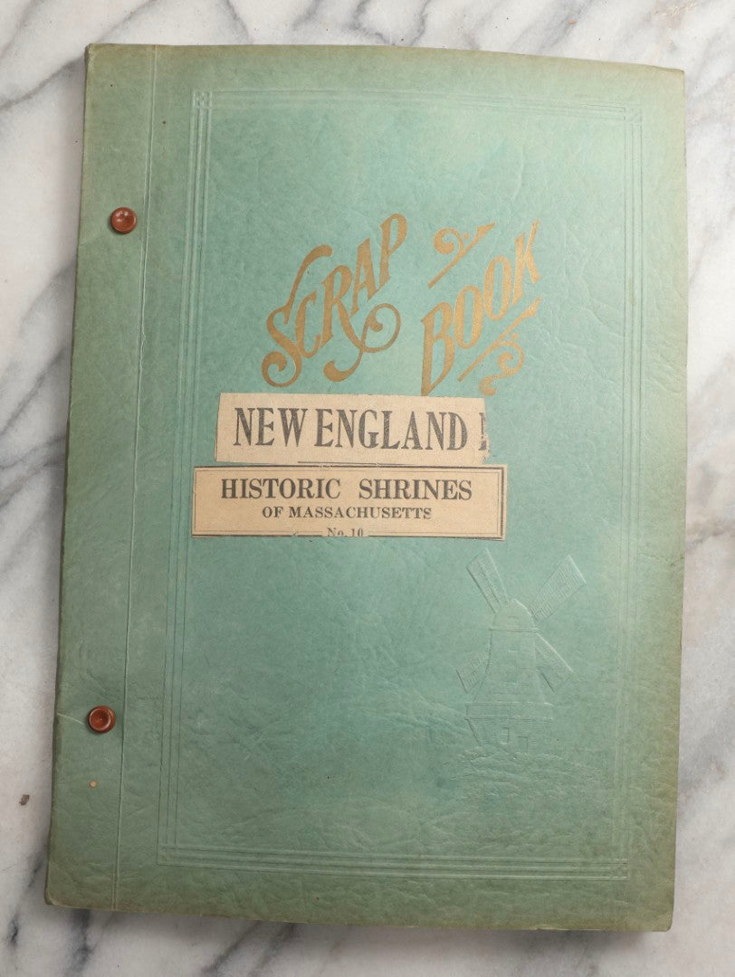 Lot 089 - Antique Teal Paperboard Scrapbook Album With "Historic Shrines Of Massachusetts" Newspaper Series And New England Ephemera, Circa 1936