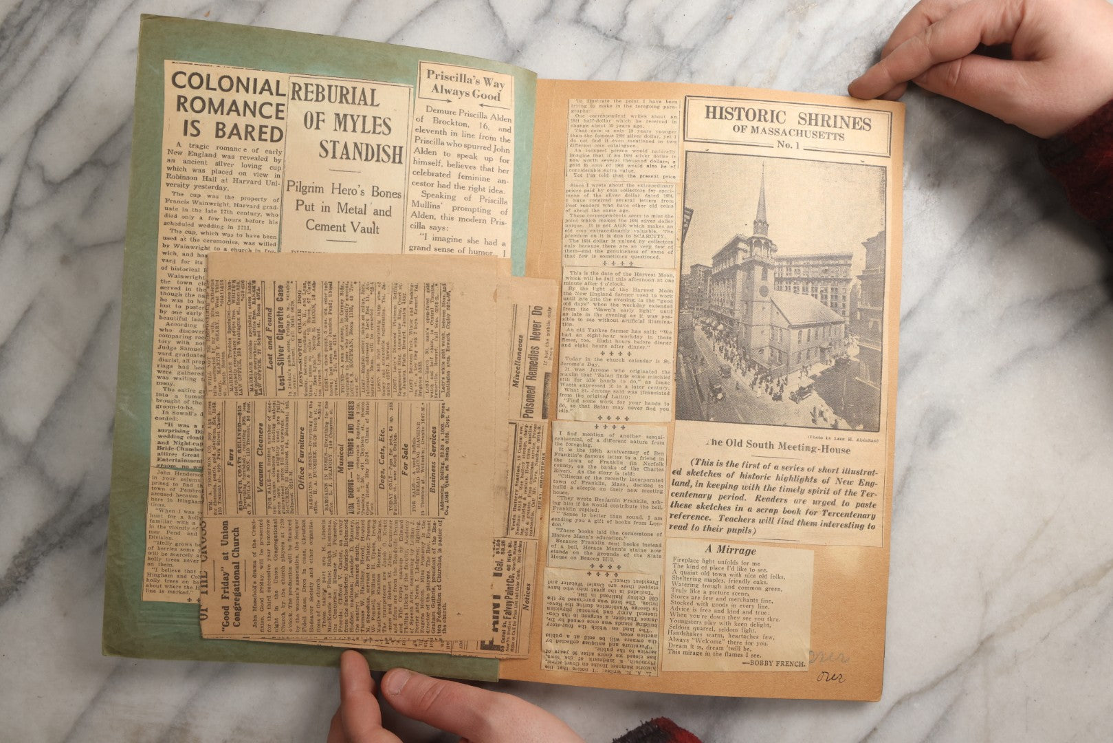 Lot 089 - Antique Teal Paperboard Scrapbook Album With "Historic Shrines Of Massachusetts" Newspaper Series And New England Ephemera, Circa 1936