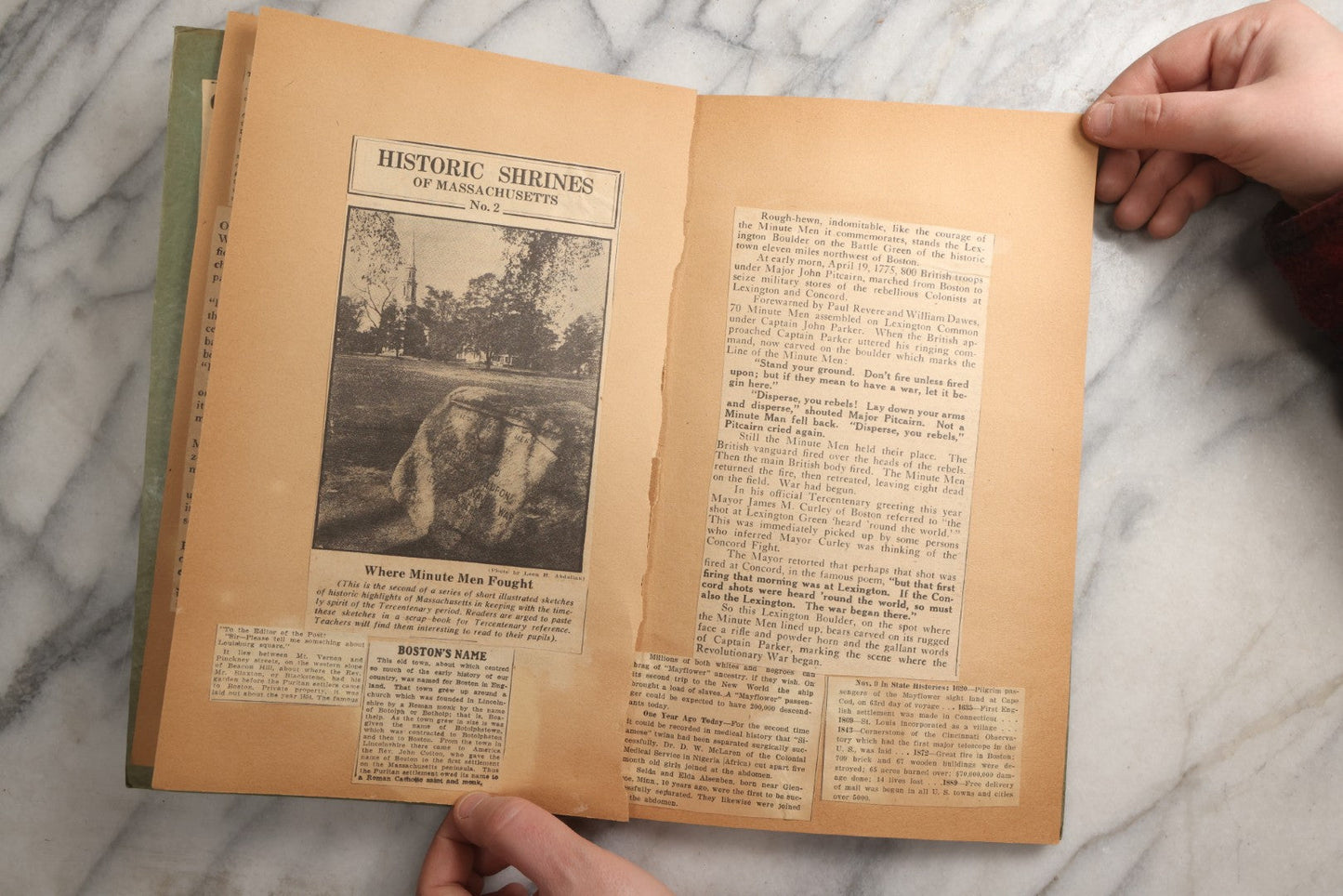 Lot 089 - Antique Teal Paperboard Scrapbook Album With "Historic Shrines Of Massachusetts" Newspaper Series And New England Ephemera, Circa 1936