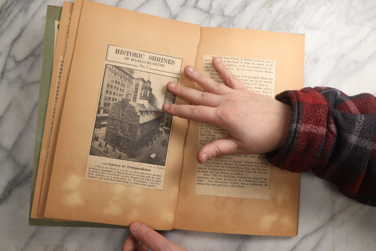 Lot 089 - Antique Teal Paperboard Scrapbook Album With "Historic Shrines Of Massachusetts" Newspaper Series And New England Ephemera, Circa 1936