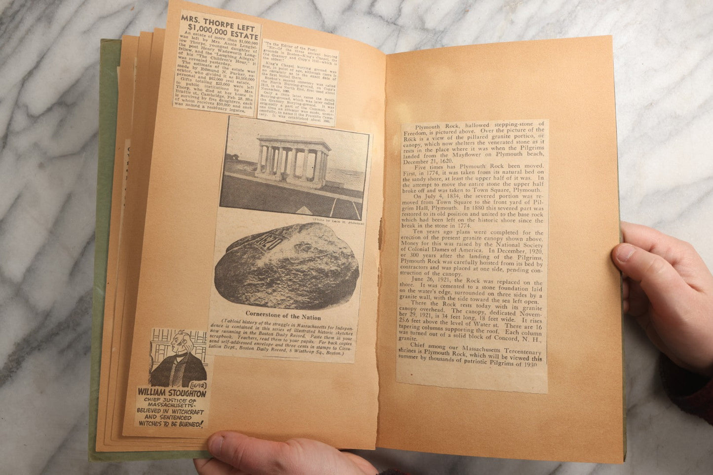 Lot 089 - Antique Teal Paperboard Scrapbook Album With "Historic Shrines Of Massachusetts" Newspaper Series And New England Ephemera, Circa 1936